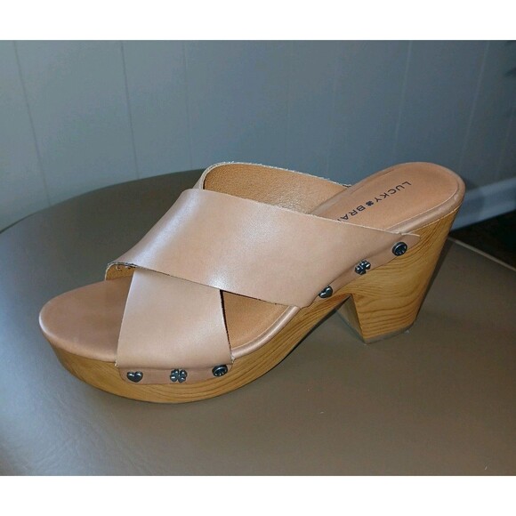 Lucky Brand Sz 6.5 Leather Nude Brown Tan Wooden Block Heel Mule Clogs Open Toe - Picture 6 of 13